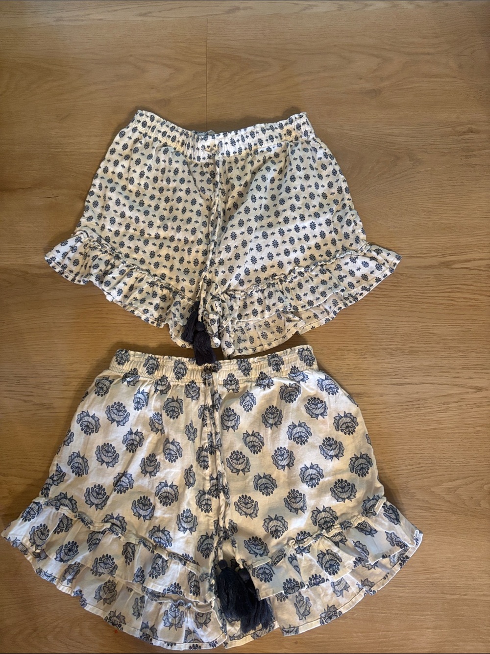 Floral Ruffle Lounge Shorts - Blue on Cream (Set of 2)